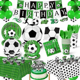 Kinovo soccer party decorations kit set up for a full celebration scene