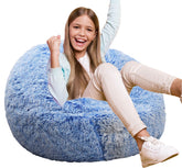 Kisoy Fluffy Bean Bag Chair blue, side view, cozy seating for kids and teens.