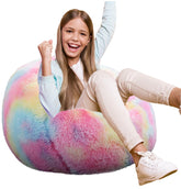 Kisoy fluffy bean bag chair for kids with rainbow fur, offering cozy seating