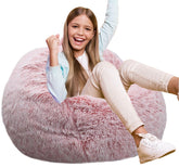 Kisoy fluffy bean bag chair in pink close-up showing ultra-soft faux fur for cozy lounging