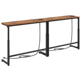 Kitstorack rustic brown console table front view showing built-in outlets for convenient charging