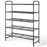 Kitsure 5-tier black shoe rack, front view, sturdy stainless steel construction supports organized storage.