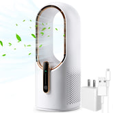 KONSIDEN bladeless desk fan front view showing safe, cool air at the workspace