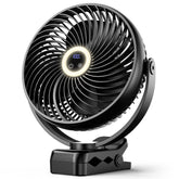 Koonie clip-on fan with LED lantern provides portable cooling for camping.