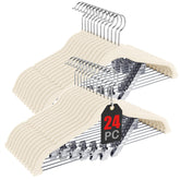 Korpai 24-pack beige velvet hangers with clips keep outfits organized and secure.