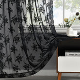 Kotile black lace curtains closeup of floral detailing for elegance and texture
