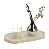 Koville Italian Travertine Tray on vanity organizes jewelry and perfume with warm elegance.