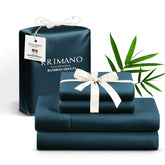 KRIMANO queen bamboo sheets navy close-up reveals silky texture for cooling nights.