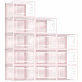 Kuject 12-pack pink drop-front shoe organizers for easy access.