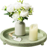 KULEDM sage round tray with beaded edge for elegant coffee table decor