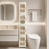 Lacusmall tall narrow storage cabinet front view showing four adjustable shelves in white