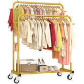 Laiensia double rods garment rack with wheels enables easy mobility and organized storage.