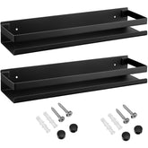 Lallisa stainless steel wall-mounted shelf in black keeps bathroom items organized.