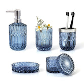 LaMarriti blue bathroom dispenser adds elegant countertop organization.