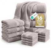 Lane Linen 16-piece bath towel set in platinum shown in a polished bathroom display for guest use