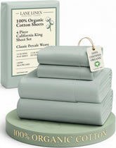 Lane Linen California King flat sheet in cool blue fabric, showing generous coverage
