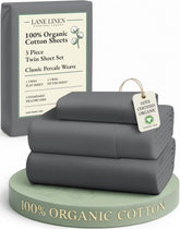 Lane Linen charcoal twin sheets set shown as a complete bedding ensemble for a cozy sleep space