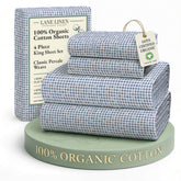 Lane Linen king flat sheet 108x104 in polka dot print for breathable, hotel-quality comfort.