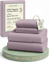 LANE LINEN Lilac queen flat sheet displaying crisp percale texture for cool sleeping.