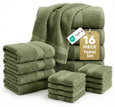 LANE LINEN oil green full 16-piece set showcasing plush, absorbent towels for daily use.