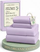 Lane Linen Orchid Petal queen sheets in percale offer breathable, hotel-grade comfort.