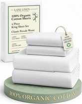 LANE LINEN organic cotton king sheets displaying a crisp percale finish for breathable comfort.