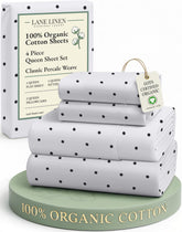 Lane Linen queen flat sheet in black polka dot with breathable percale weave for cool sleep