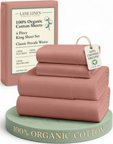 Lane Linen Rose Dawn king flat sheet on bed shows crisp percale comfort.