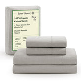 Lane Linen Snowdrop queen sheets in percale weave for crisp, breathable comfort.