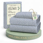 Lane Linen twin sheets in organic cotton with blue polka dot for breathable comfort.
