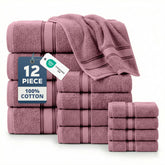LANE LINEN Wishful Mauve bath towels 28x54 inches in a full 12-piece set for hotel-style comfort