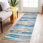Lansny abstract runner rug 2x6 in blue wash enhances hallways with easy cleaning.