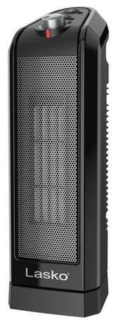 Lasko oscillating ceramic tower heater front view shows compact design for small rooms and desks.