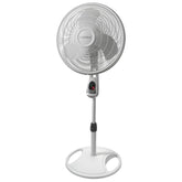 Lasko 16-inch pedestal fan front view shows wide blade for strong cooling in living spaces.