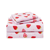 Lasoftan pink strawberry pattern kids sheet set on a twin bed for bedtime fun