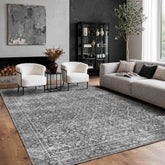 Latte&Fog parterre-pattern 5x7 grey rug adds classic elegance to living rooms.