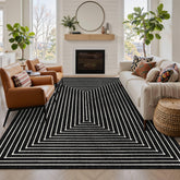 Latte&Fog Prussian Sea rug with geometric lines; soft faux wool for cozy living spaces.