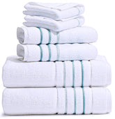 Le Fil Blanc bath towel set in white with green aqua accents, plush and absorbent.
