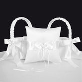 Lebsitey two white satin flower girl baskets with bowknot, ideal for elegant petal scattering.