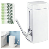 Leemeexaa trash can with integrated toilet brush in a compact bathroom.