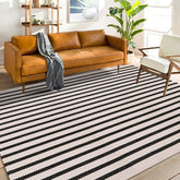 LEEVAN outdoor rug in black and white stripes for patios and decks.