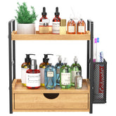 LEMIKKLE bathroom counter organizer with side basket keeps grooming tools within easy reach