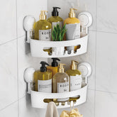 LEVERLOC corner shower caddy with suction cup holds bottles securely.