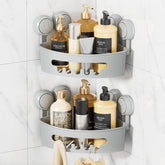 LEVERLOC Corner Shower Caddy mounted on glass shows strong suction and a grey finish