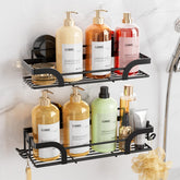 LEVERLOC shower caddy with suction cup securing to glass surface for no-drill installation