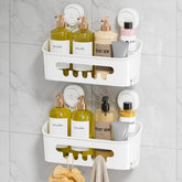 LEVERLOC shower caddy with suction cup on tile keeps items secure.
