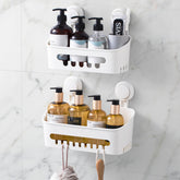 LEVERLOC shower caddy with suction cup attached to tile for secure storage of shampoo.