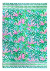 Lilly Pulitzer oversized pool towel with pink-green palm tree pattern for stylish beach lounging.