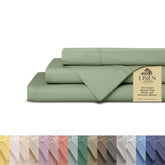 Linen Home oil green percale sheets flat view—crisp hotel-like finish for cool comfort.
