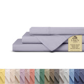 Linen Home Queen Percale sheets Prelude Purple on bed setup showing cool, crisp comfort